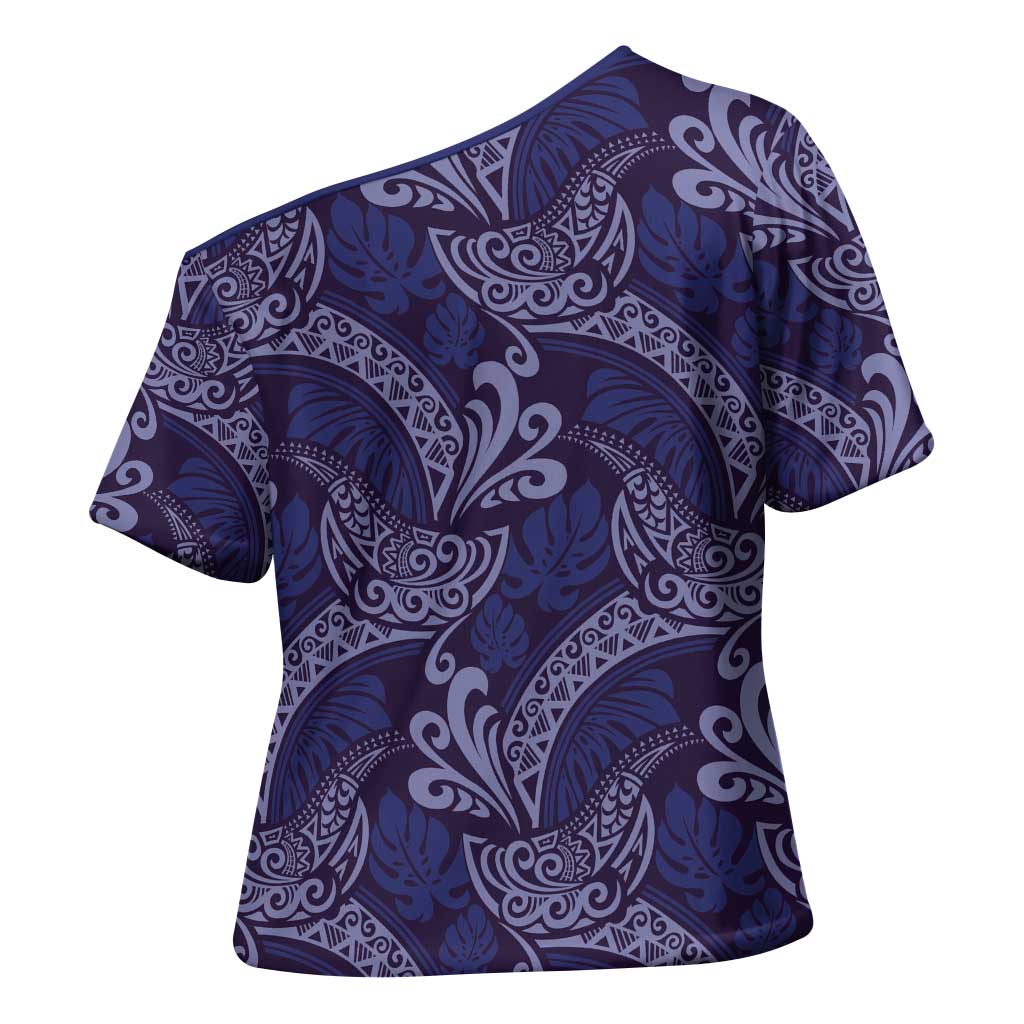 Deep Blue Monstera Cross Shoulder Shirt Polynesian Tribal Pattern LT01 - Polynesian Pride