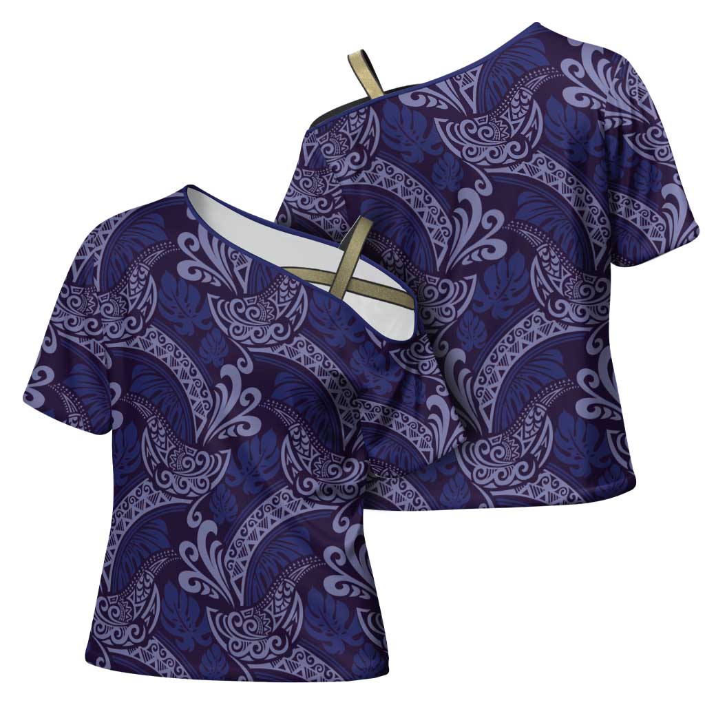 Deep Blue Monstera Cross Shoulder Shirt Polynesian Tribal Pattern LT01 - Polynesian Pride