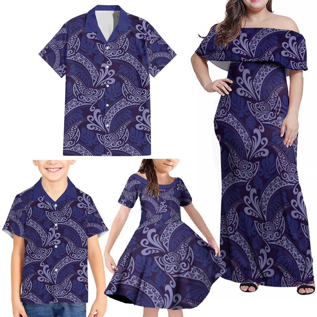 Deep Blue Monstera Family Matching Off Shoulder Maxi Dress and Hawaiian Shirt Polynesian Tribal Pattern LT01 - Polynesian Pride