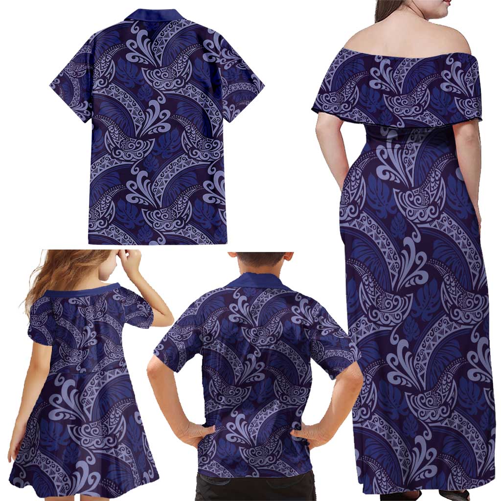 Deep Blue Monstera Family Matching Off Shoulder Maxi Dress and Hawaiian Shirt Polynesian Tribal Pattern LT01 - Polynesian Pride