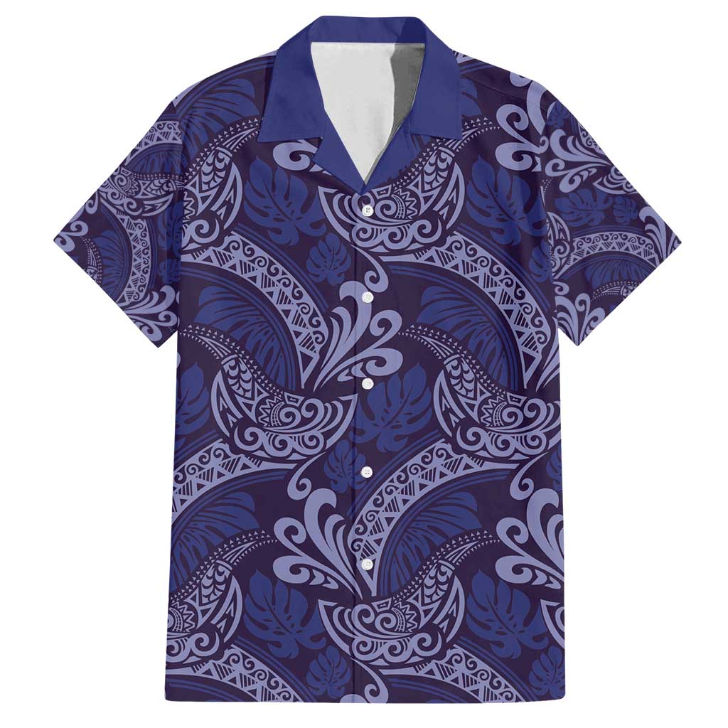 Deep Blue Monstera Family Matching Off Shoulder Maxi Dress and Hawaiian Shirt Polynesian Tribal Pattern LT01 Dad's Shirt - Short Sleeve Blue - Polynesian Pride