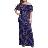 Deep Blue Monstera Family Matching Off Shoulder Maxi Dress and Hawaiian Shirt Polynesian Tribal Pattern LT01 Mom's Dress Blue - Polynesian Pride