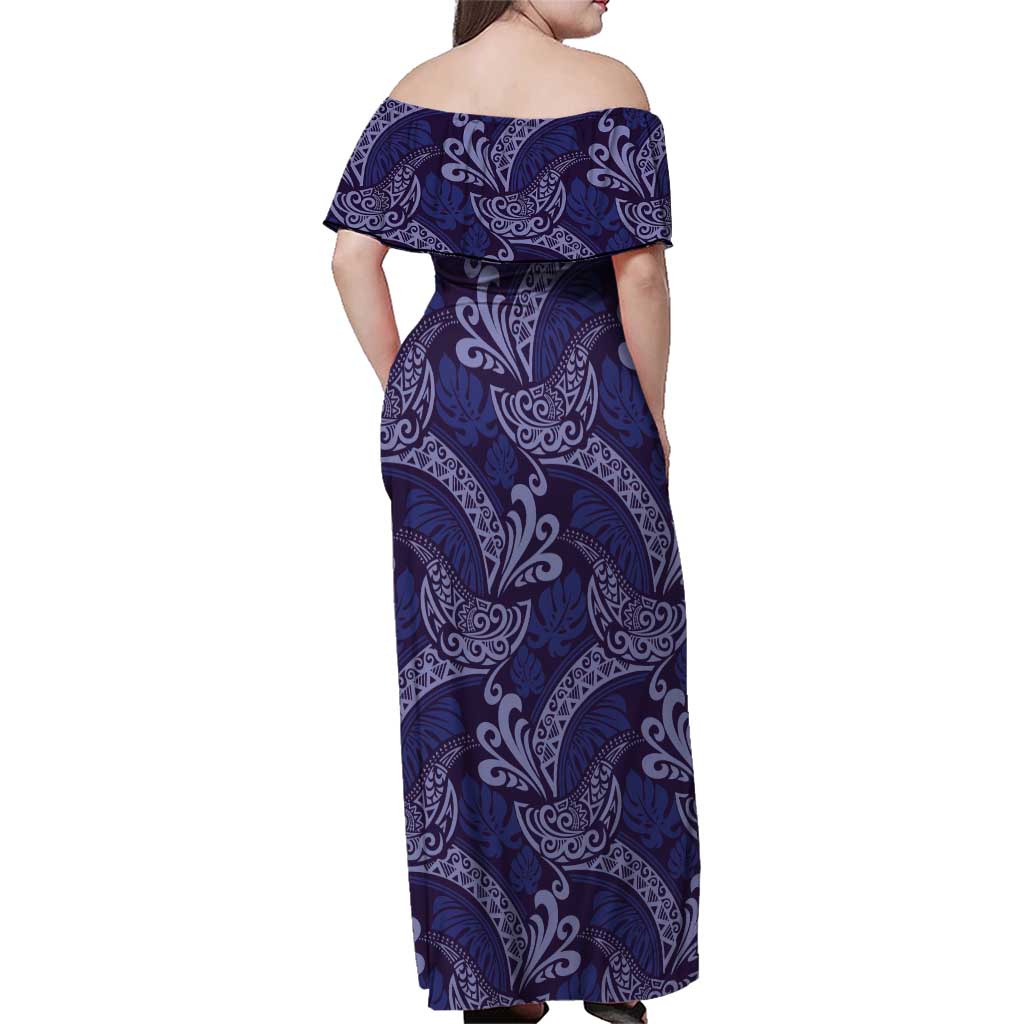 Deep Blue Monstera Family Matching Off Shoulder Maxi Dress and Hawaiian Shirt Polynesian Tribal Pattern LT01 - Polynesian Pride