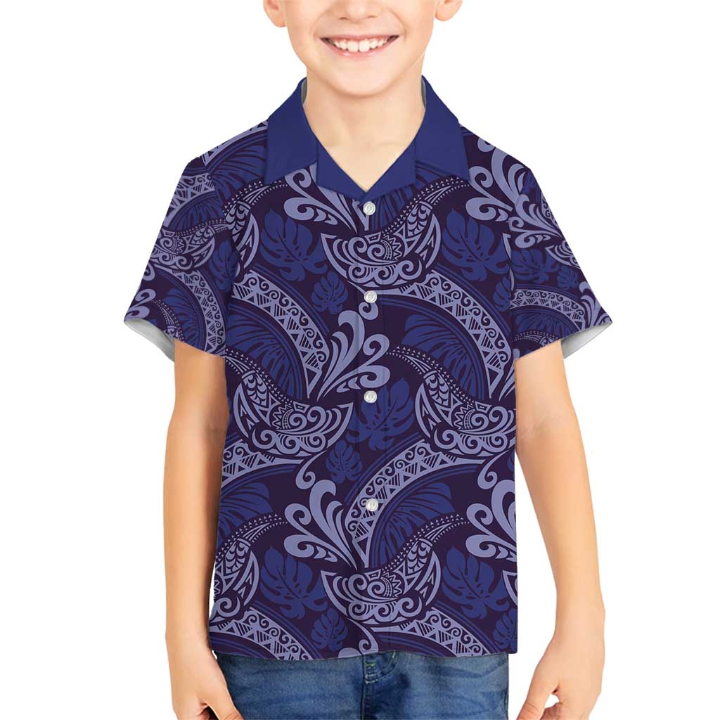Deep Blue Monstera Family Matching Off Shoulder Maxi Dress and Hawaiian Shirt Polynesian Tribal Pattern LT01 Son's Shirt Blue - Polynesian Pride