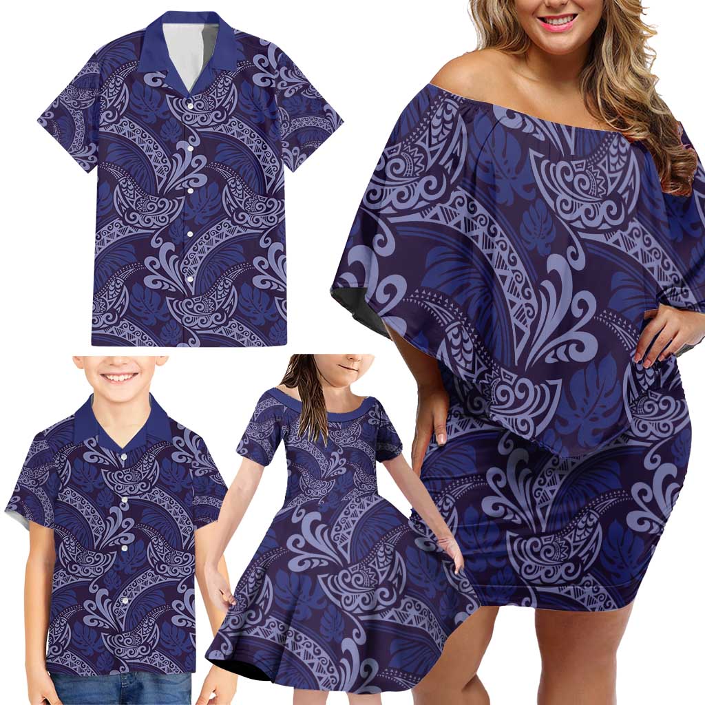 Deep Blue Monstera Family Matching Off Shoulder Short Dress and Hawaiian Shirt Polynesian Tribal Pattern LT01 - Polynesian Pride