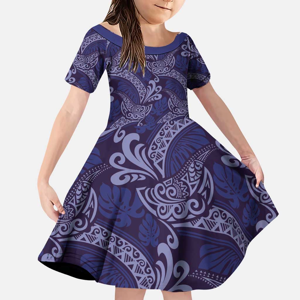 Deep Blue Monstera Family Matching Puletasi and Hawaiian Shirt Polynesian Tribal Pattern - Polynesian Pride