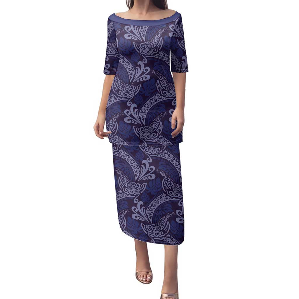 Deep Blue Monstera Family Matching Puletasi and Hawaiian Shirt Polynesian Tribal Pattern - Polynesian Pride