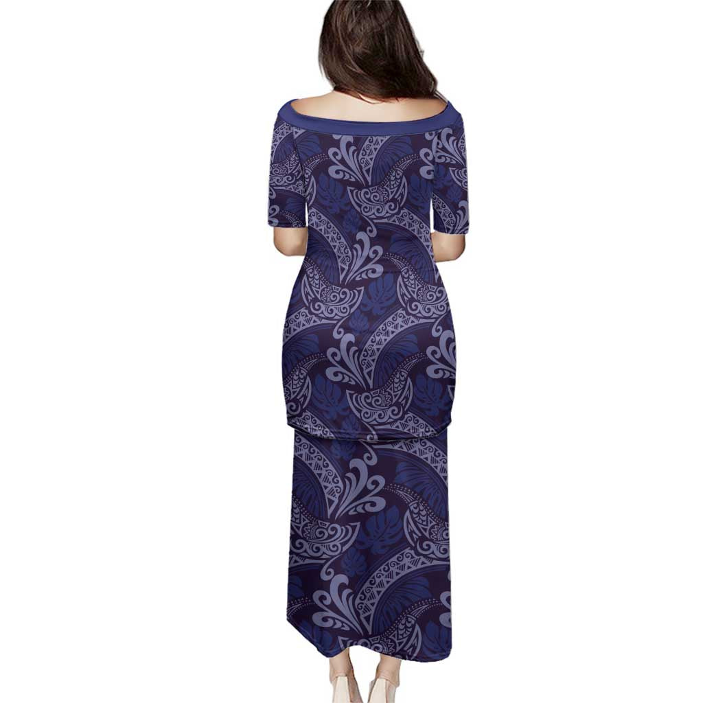 Deep Blue Monstera Family Matching Puletasi and Hawaiian Shirt Polynesian Tribal Pattern - Polynesian Pride