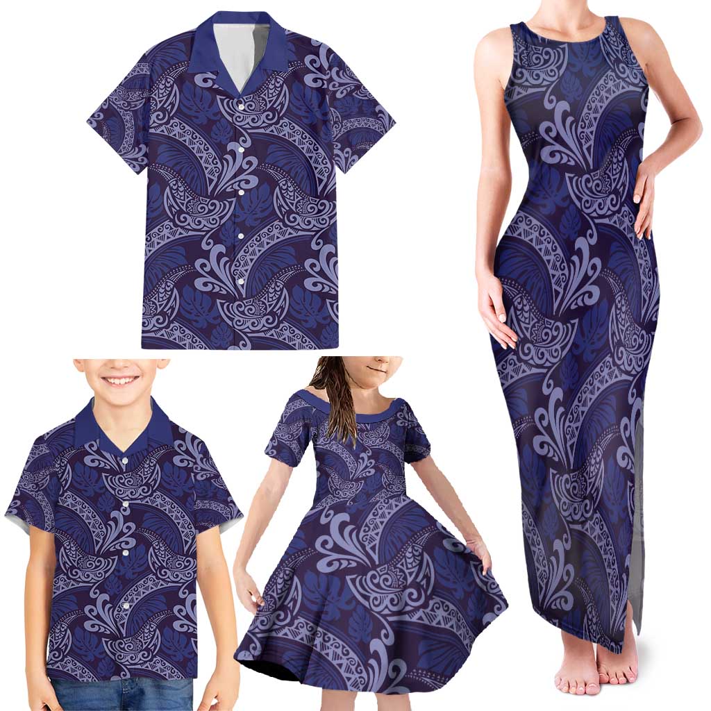Deep Blue Monstera Family Matching Tank Maxi Dress and Hawaiian Shirt Polynesian Tribal Pattern LT01 - Polynesian Pride