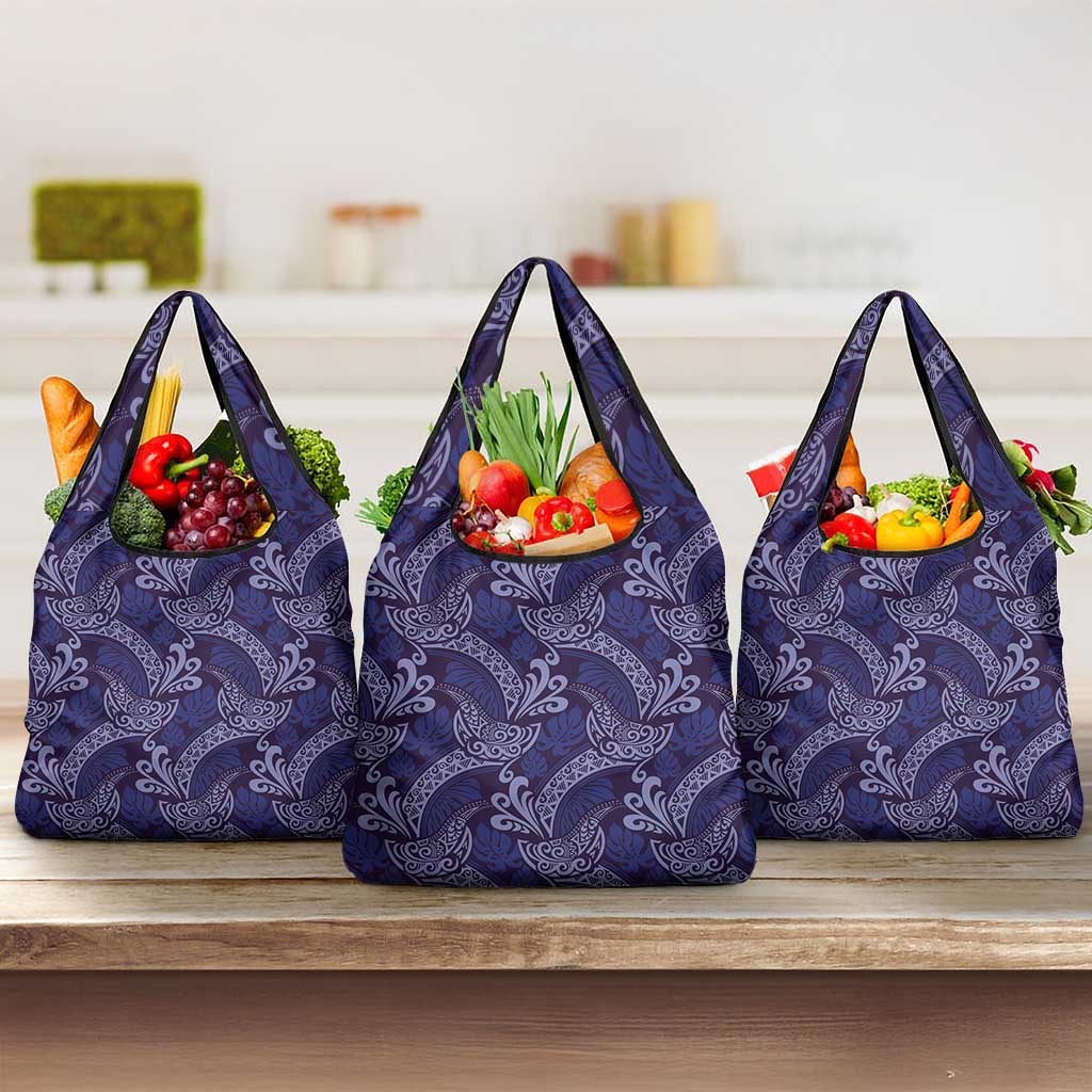 Deep Blue Monstera Grocery Bag Polynesian Tribal Pattern LT01 3-pack One Size Blue - Polynesian Pride