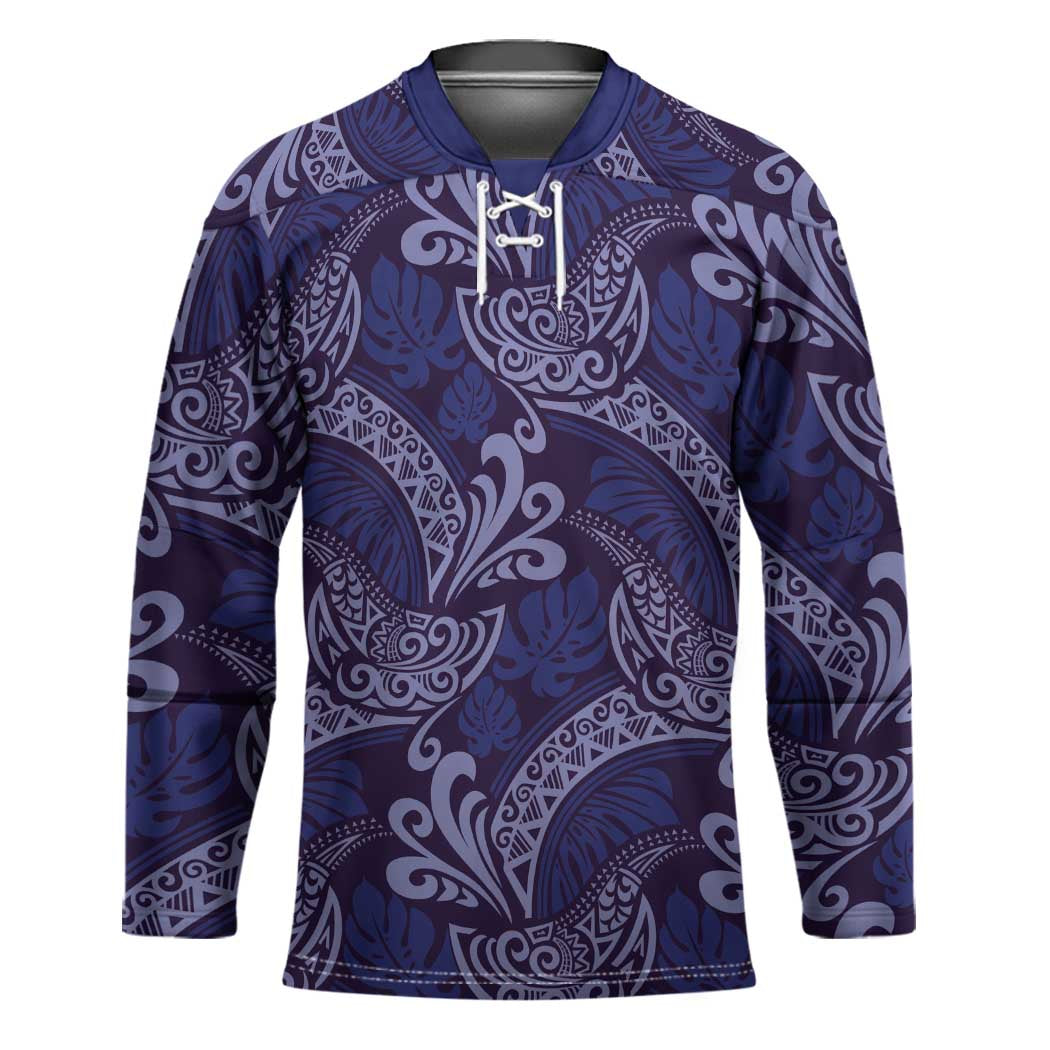 Deep Blue Monstera Hockey Jersey Polynesian Tribal Pattern LT01 Unisex Blue - Polynesian Pride
