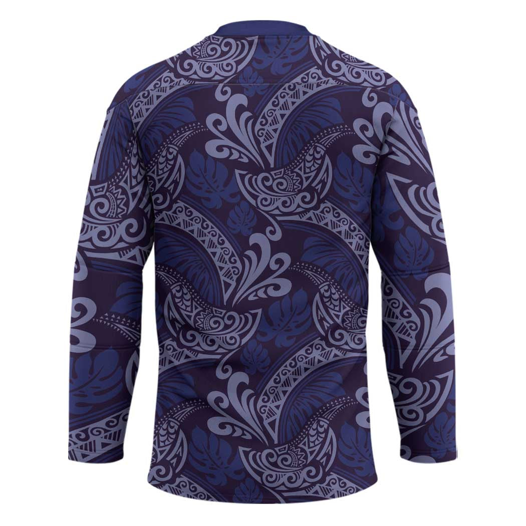 Deep Blue Monstera Hockey Jersey Polynesian Tribal Pattern LT01 - Polynesian Pride