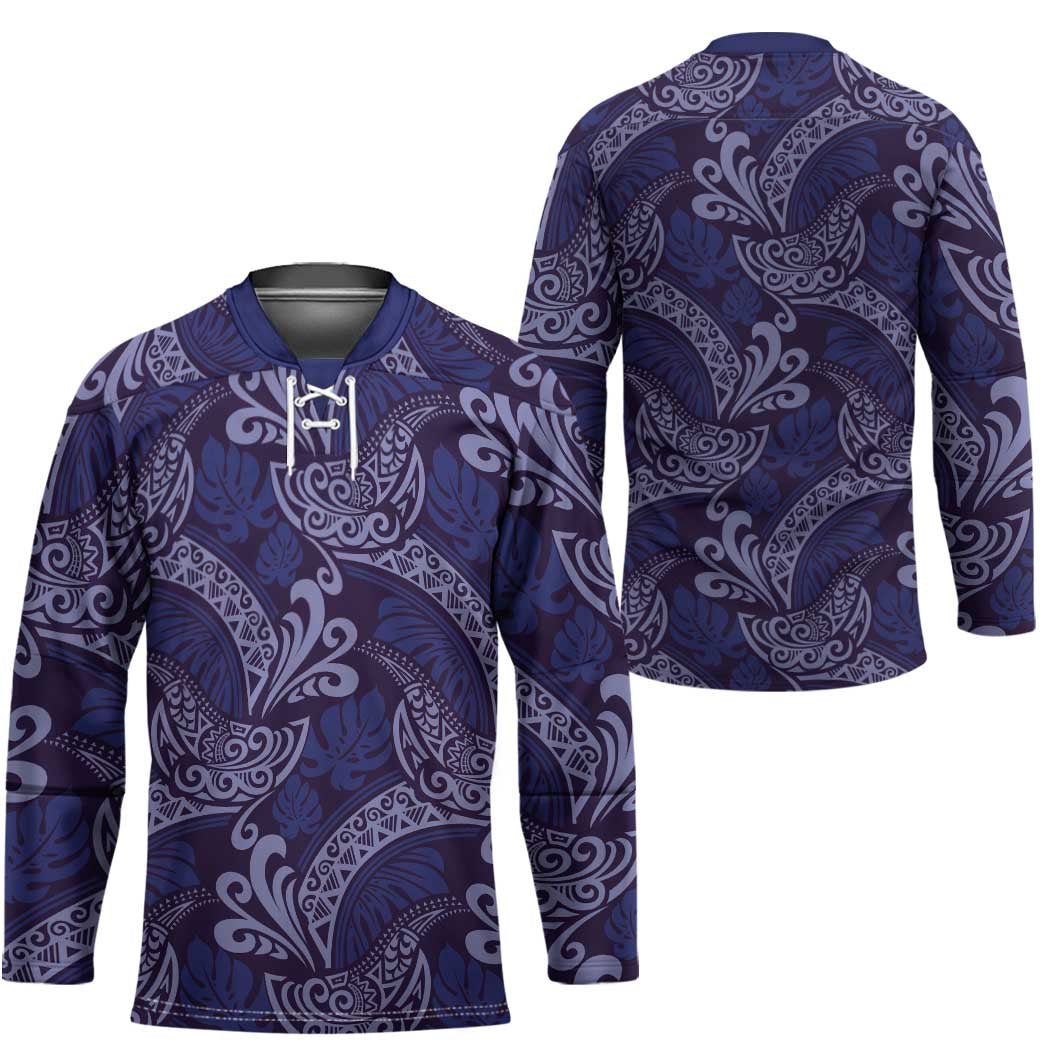 Deep Blue Monstera Hockey Jersey Polynesian Tribal Pattern LT01 - Polynesian Pride