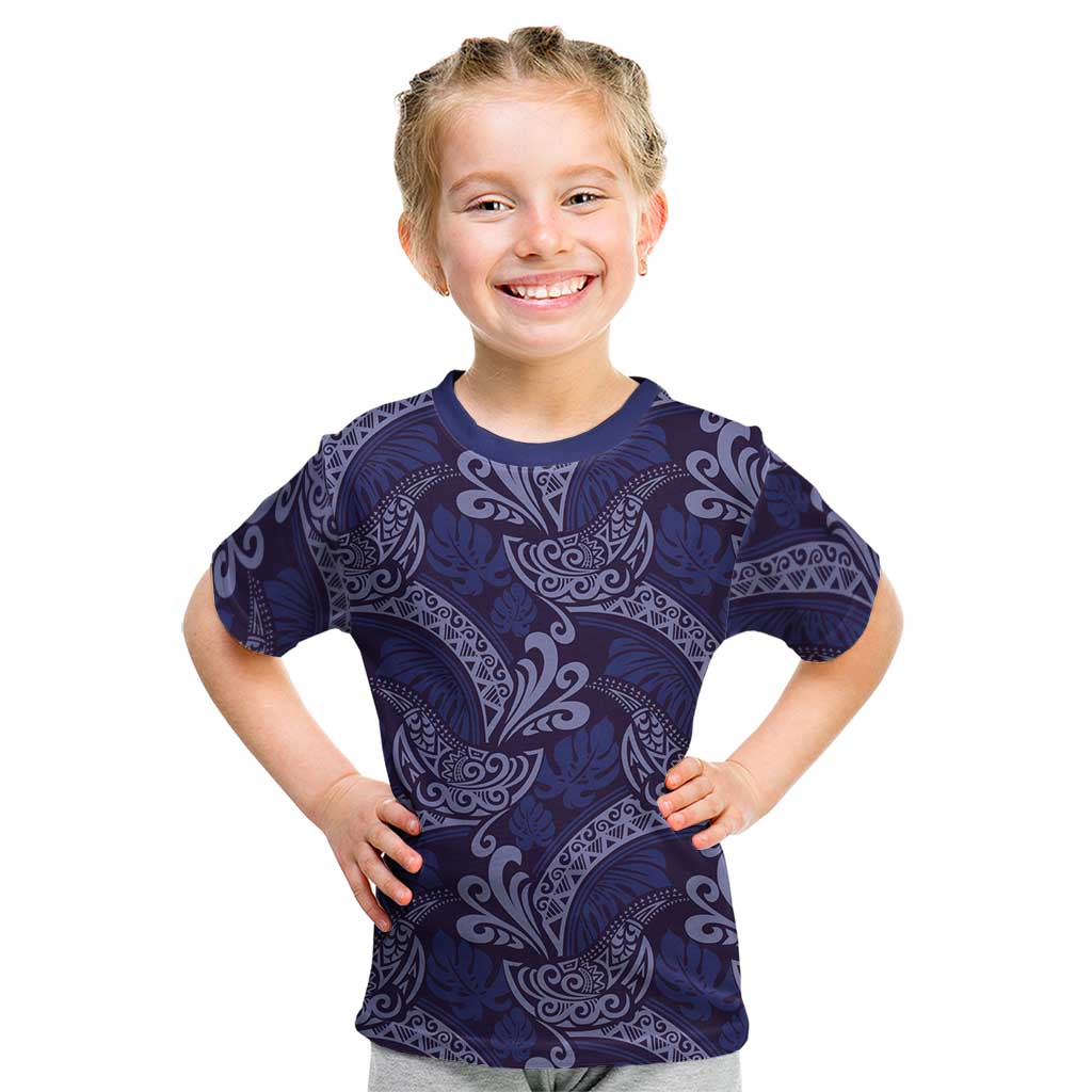 Deep Blue Monstera Kid T Shirt Polynesian Tribal Pattern LT01 Blue - Polynesian Pride