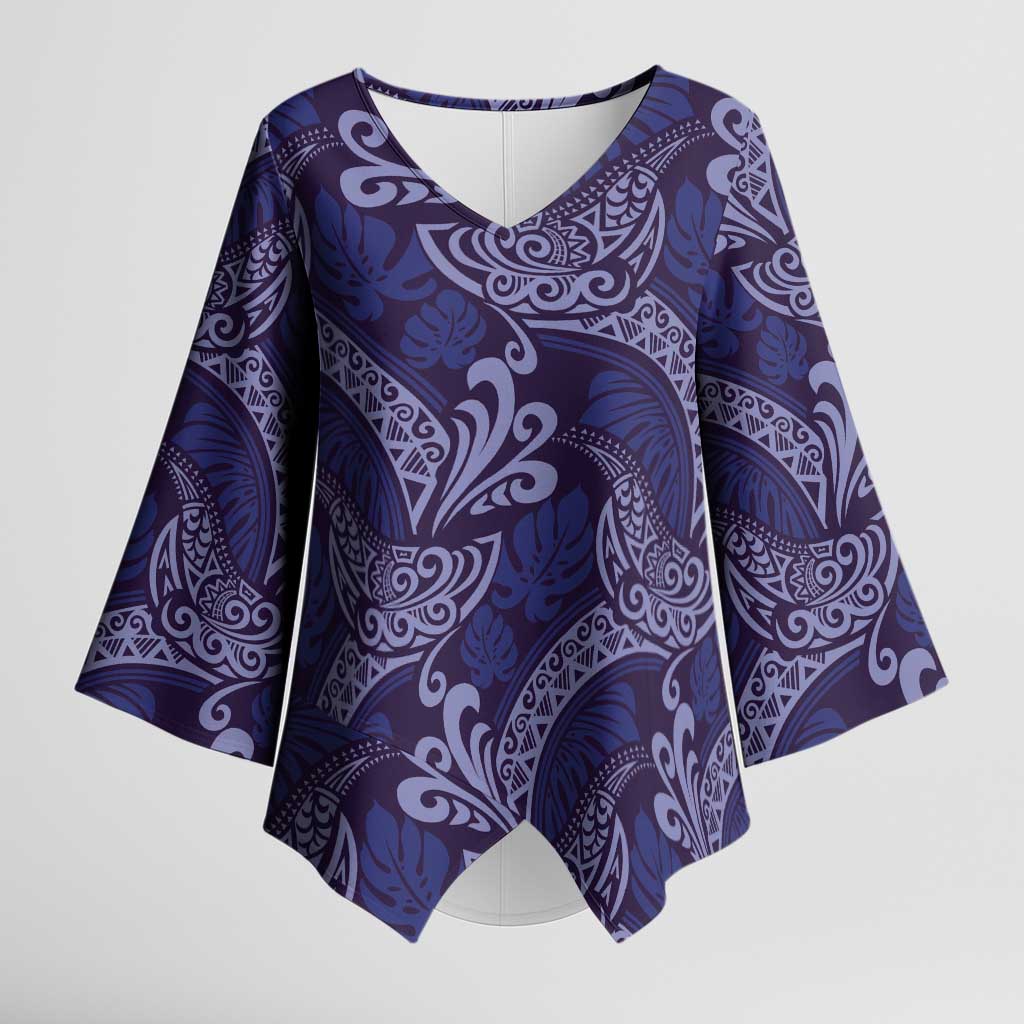 Deep Blue Monstera Kimono Sleeve Blouse Polynesian Tribal Pattern LT01 Female Blue - Polynesian Pride