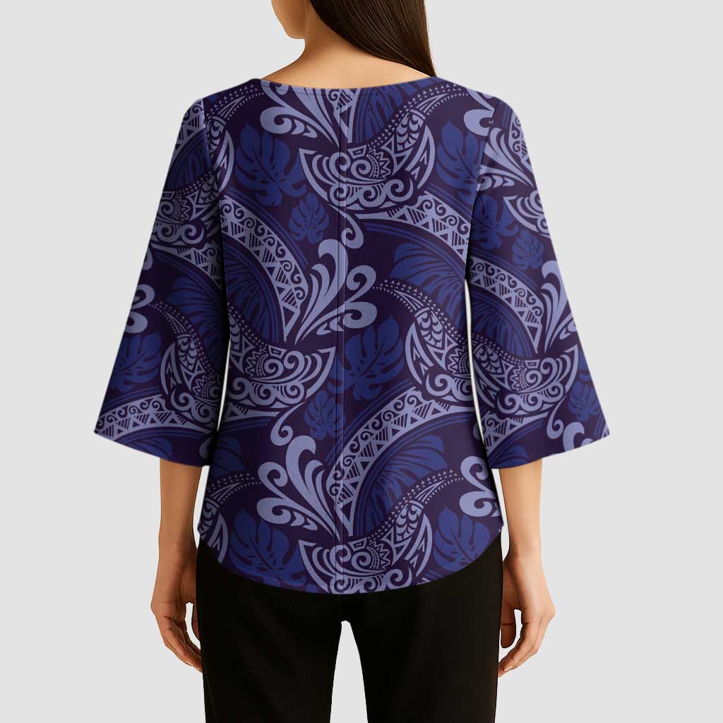Deep Blue Monstera Kimono Sleeve Blouse Polynesian Tribal Pattern LT01 - Polynesian Pride