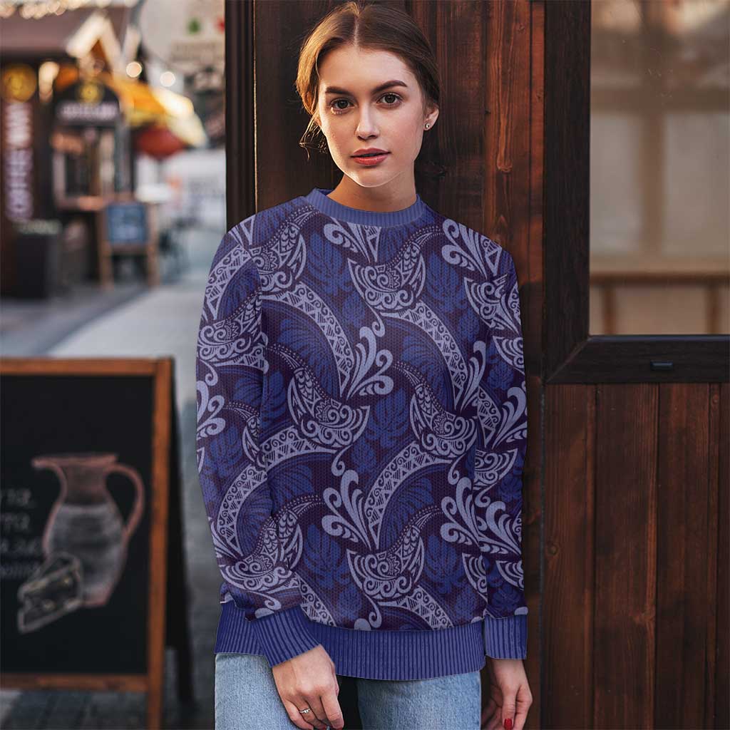 Deep Blue Monstera Ugly Christmas Sweater Polynesian Tribal Pattern - Polynesian Pride