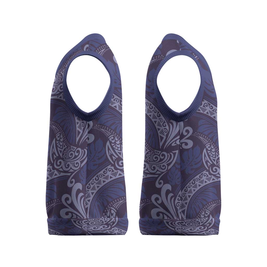 Deep Blue Monstera Christmas Knitted V-Neck Vest Polynesian Tribal Pattern - Polynesian Pride