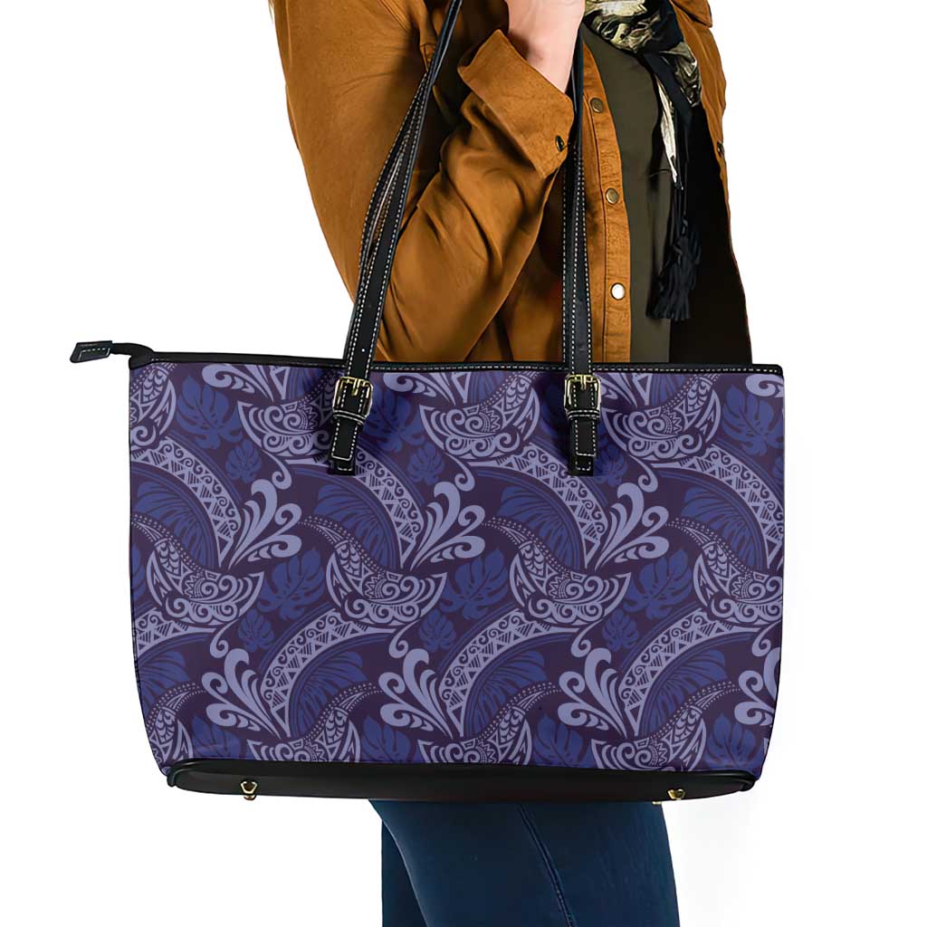 Deep Blue Monstera Leather Tote Bag Polynesian Tribal Pattern LT01 - Polynesian Pride