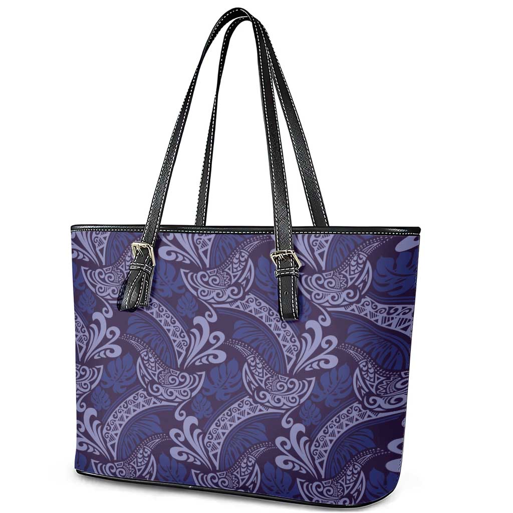 Deep Blue Monstera Leather Tote Bag Polynesian Tribal Pattern LT01 - Polynesian Pride