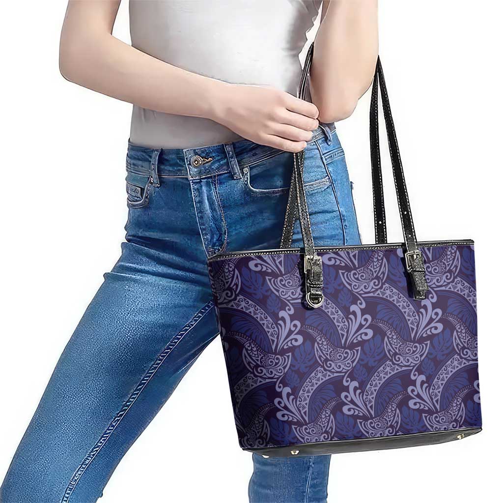 Deep Blue Monstera Leather Tote Bag Polynesian Tribal Pattern LT01 - Polynesian Pride