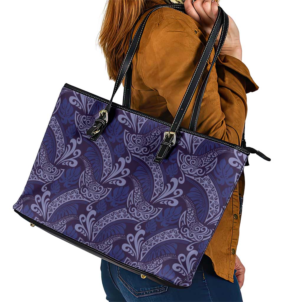 Deep Blue Monstera Leather Tote Bag Polynesian Tribal Pattern LT01 - Polynesian Pride