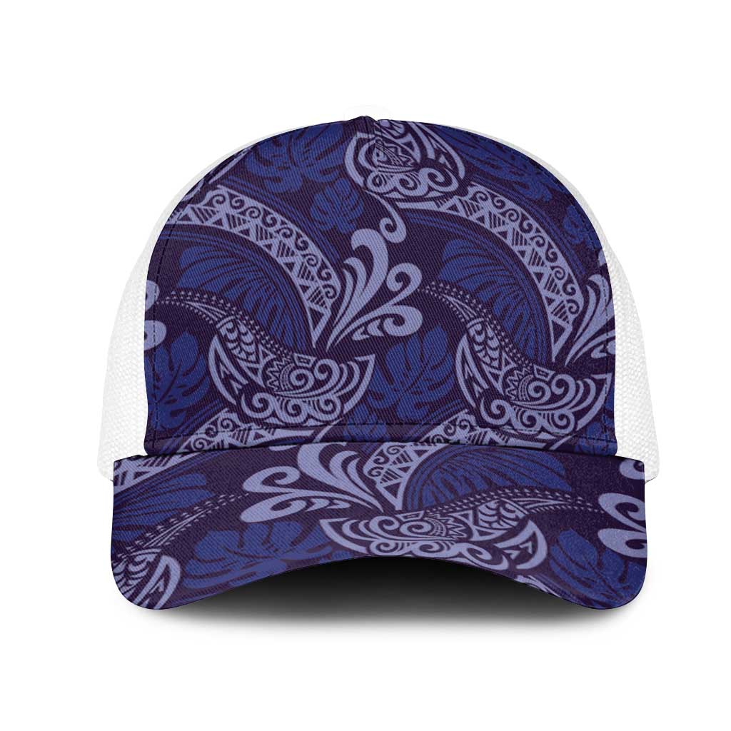 Deep Blue Monstera Mesh Trucker Cap Polynesian Tribal Pattern LT01 One Size White Blue - Polynesian Pride