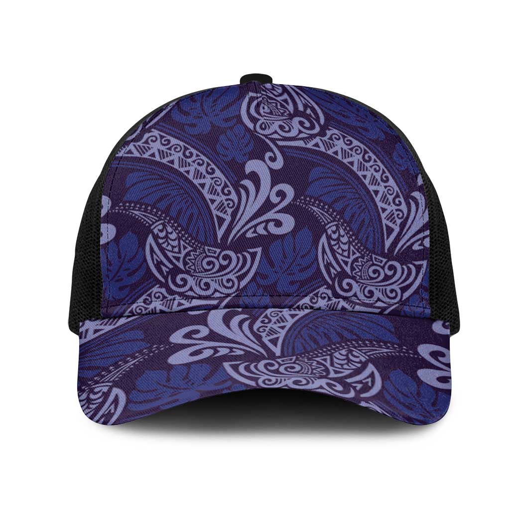 Deep Blue Monstera Mesh Trucker Cap Polynesian Tribal Pattern LT01 One Size Black Blue - Polynesian Pride