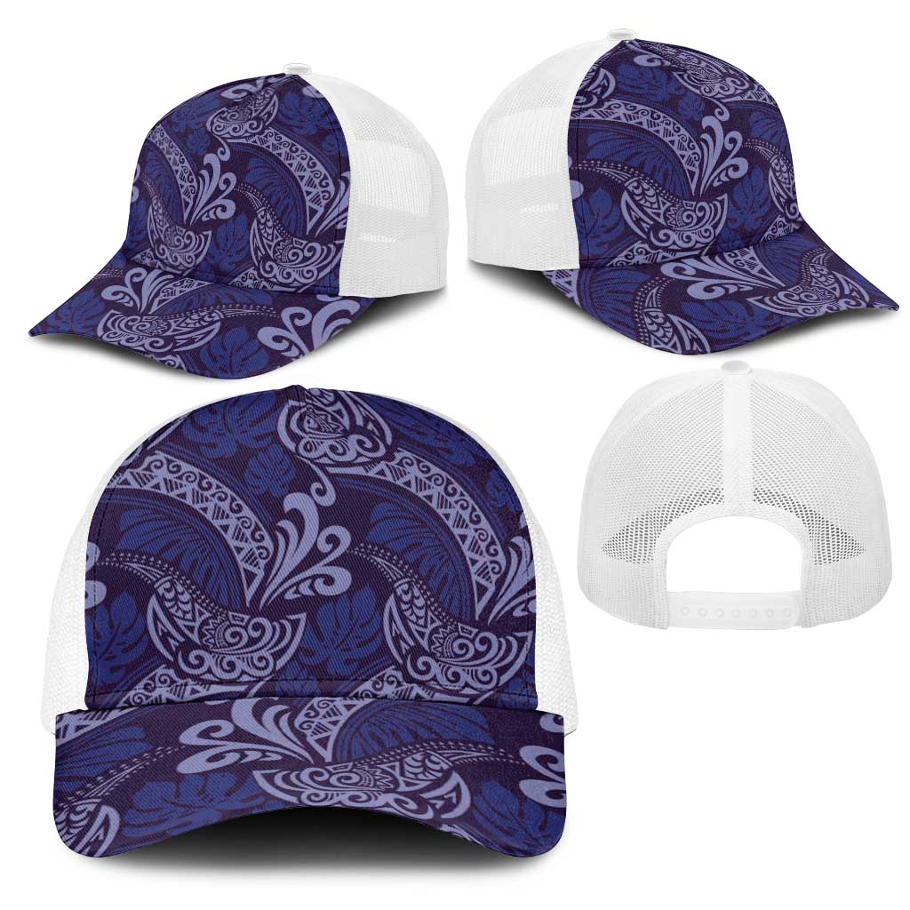 Deep Blue Monstera Mesh Trucker Cap Polynesian Tribal Pattern LT01 - Polynesian Pride