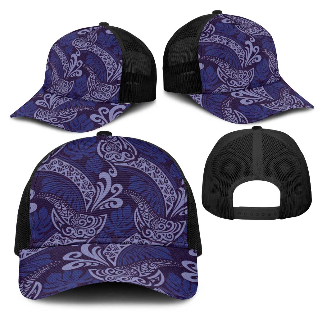 Deep Blue Monstera Mesh Trucker Cap Polynesian Tribal Pattern LT01 - Polynesian Pride