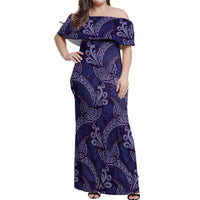 Deep Blue Monstera Off Shoulder Maxi Dress Polynesian Tribal Pattern LT01 Women Blue - Polynesian Pride