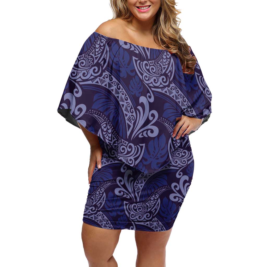 Deep Blue Monstera Off Shoulder Short Dress Polynesian Tribal Pattern LT01 Women Blue - Polynesian Pride