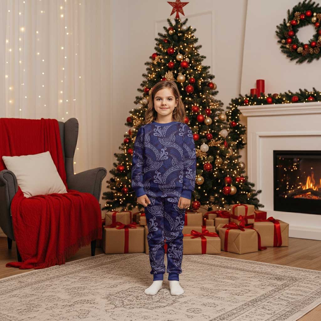 Deep Blue Monstera Christmas Pajama Set Polynesian Tribal Pattern - Polynesian Pride