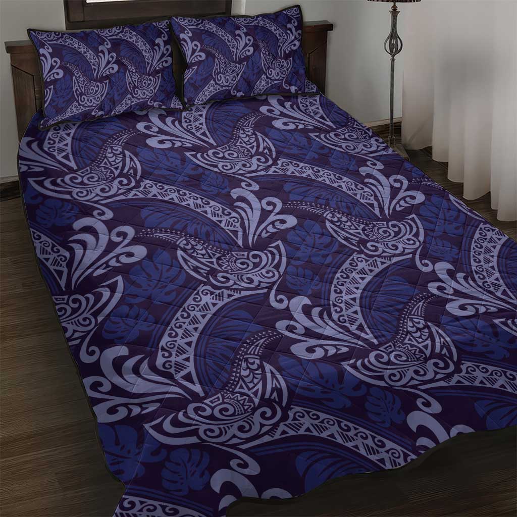 Deep Blue Monstera Quilt Bed Set Polynesian Tribal Pattern LT01 Blue - Polynesian Pride