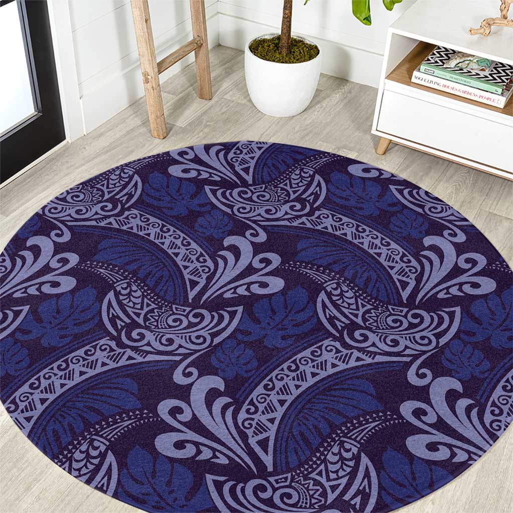 Deep Blue Monstera Round Carpet Polynesian Tribal Pattern LT01 Blue - Polynesian Pride