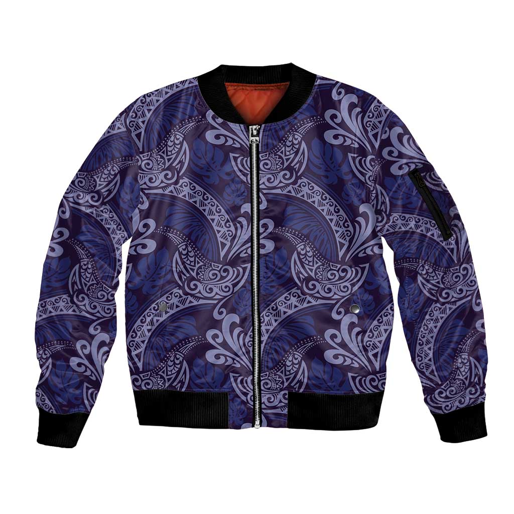 Deep Blue Monstera Sleeve Zip Bomber Jacket Polynesian Tribal Pattern LT01 Unisex Blue - Polynesian Pride