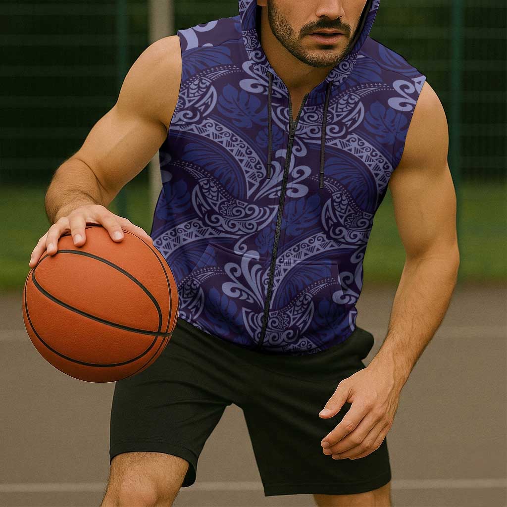 Deep Blue Monstera Sleeveless Zip Hoodie Polynesian Tribal Pattern LT01 - Polynesian Pride