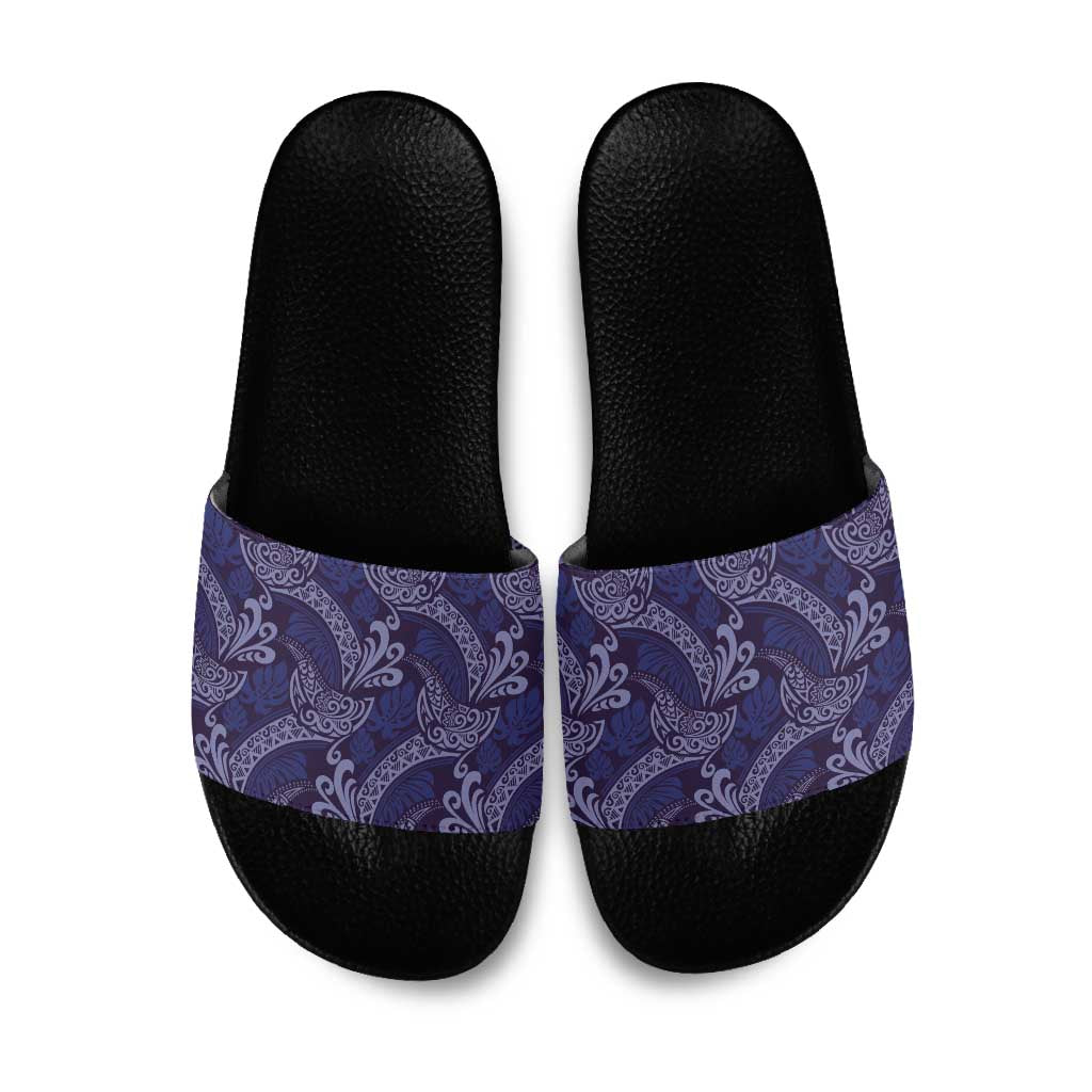 Deep Blue Monstera Slide Sandals Polynesian Tribal Pattern LT01 Blue - Polynesian Pride