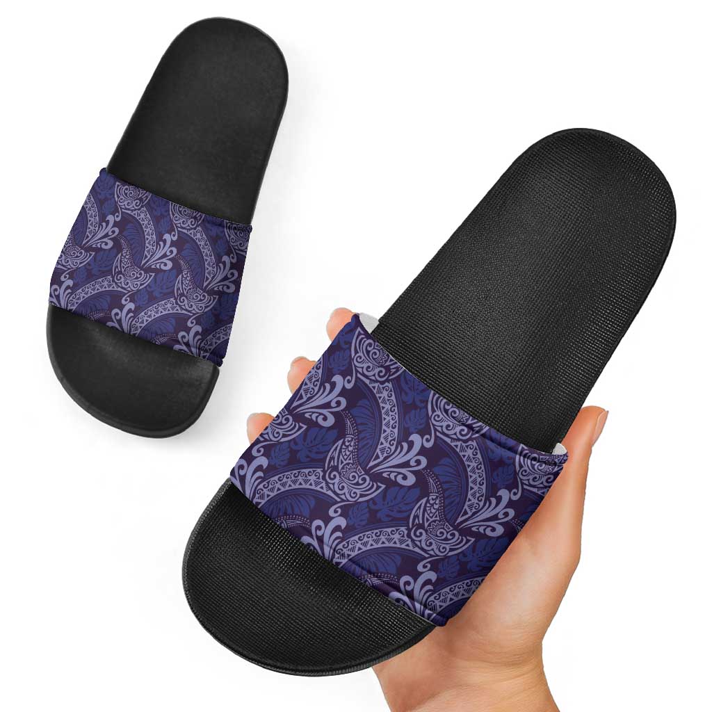 Deep Blue Monstera Slide Sandals Polynesian Tribal Pattern LT01 - Polynesian Pride