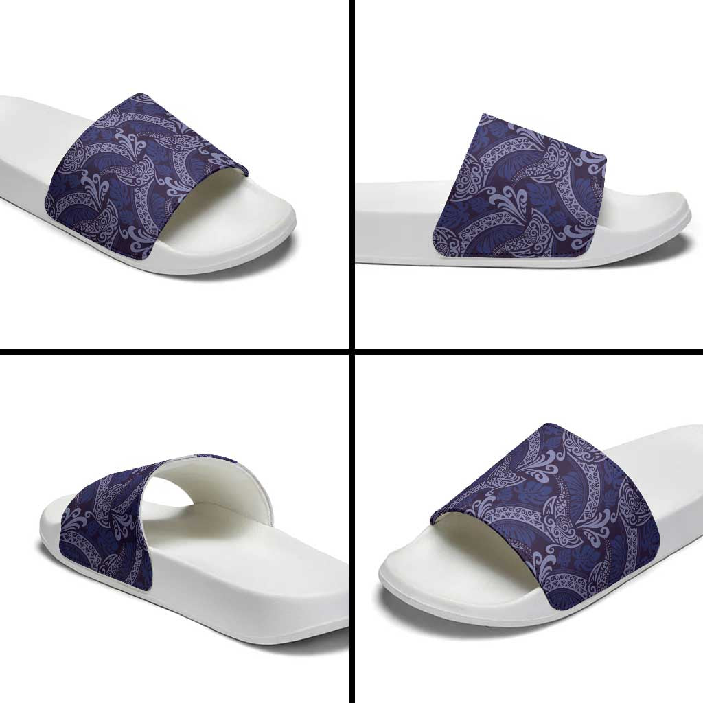 Deep Blue Monstera Slide Sandals Polynesian Tribal Pattern LT01 - Polynesian Pride