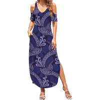 Deep Blue Monstera Summer Maxi Dress Polynesian Tribal Pattern LT01 Women Blue - Polynesian Pride