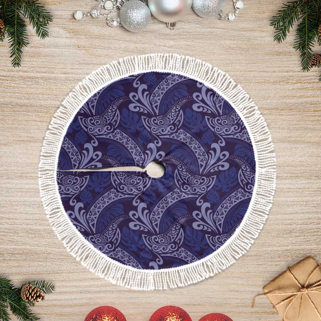 Deep Blue Monstera Tree Skirt Polynesian Tribal Pattern LT01 Fringed Blue - Polynesian Pride