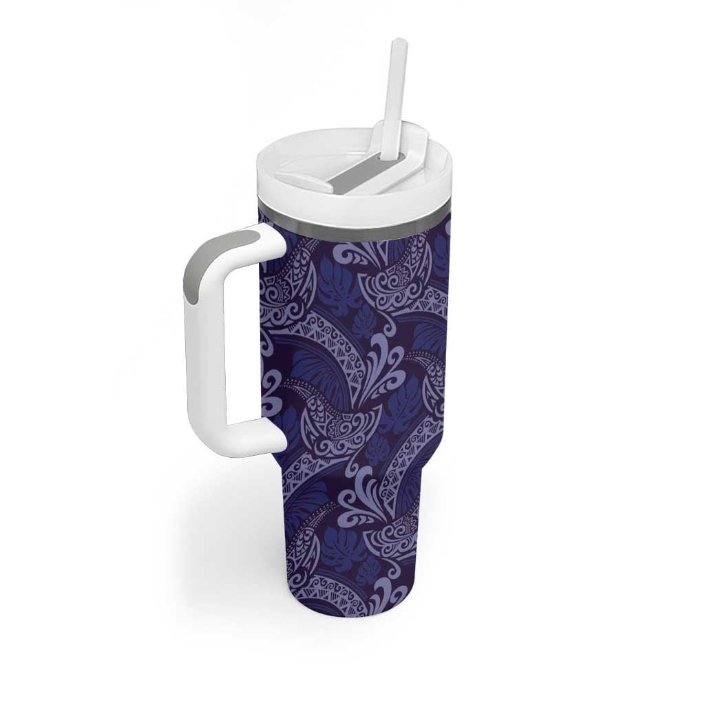 Deep Blue Monstera Tumbler With Handle Polynesian Tribal Pattern LT01 - Polynesian Pride