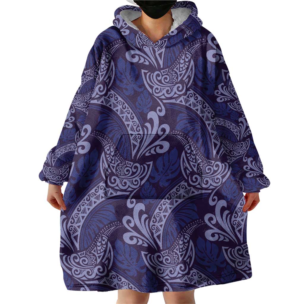 Deep Blue Monstera Wearable Blanket Hoodie Polynesian Tribal Pattern LT01 - Polynesian Pride