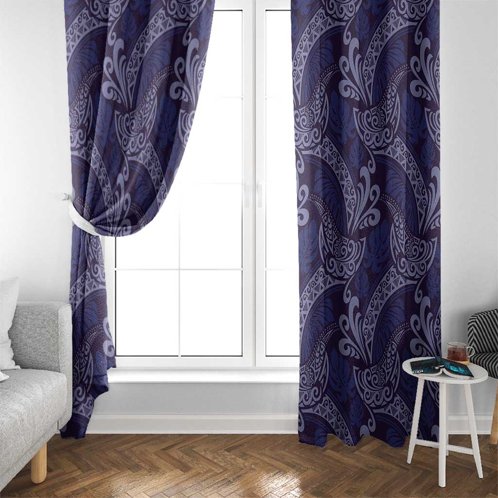 Deep Blue Monstera Window Curtain Polynesian Tribal Pattern - Polynesian Pride
