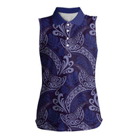 Deep Blue Monstera Women Sleeveless Polo Shirt Polynesian Tribal Pattern LT01 Female Blue - Polynesian Pride