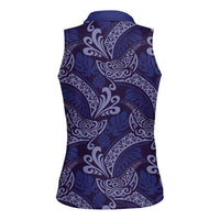 Deep Blue Monstera Women Sleeveless Polo Shirt Polynesian Tribal Pattern LT01 - Polynesian Pride