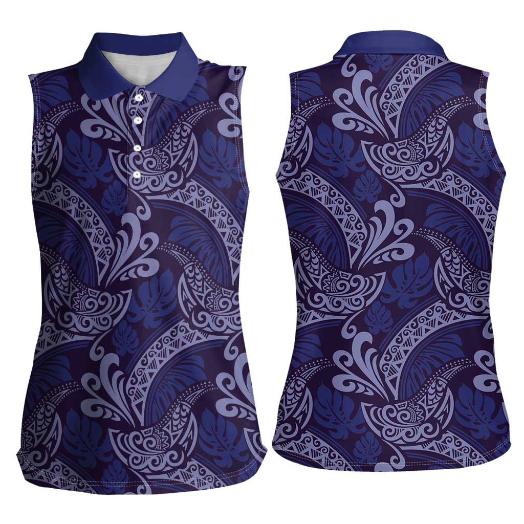 Deep Blue Monstera Women Sleeveless Polo Shirt Polynesian Tribal Pattern LT01 - Polynesian Pride