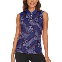 Deep Blue Monstera Women Sleeveless Polo Shirt Polynesian Tribal Pattern LT01 - Polynesian Pride