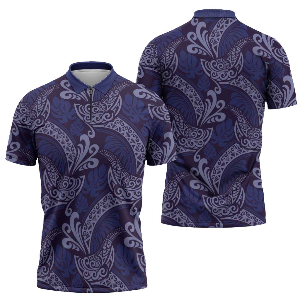 Deep Blue Monstera Zipper Polo Shirt Polynesian Tribal Pattern LT01 - Polynesian Pride
